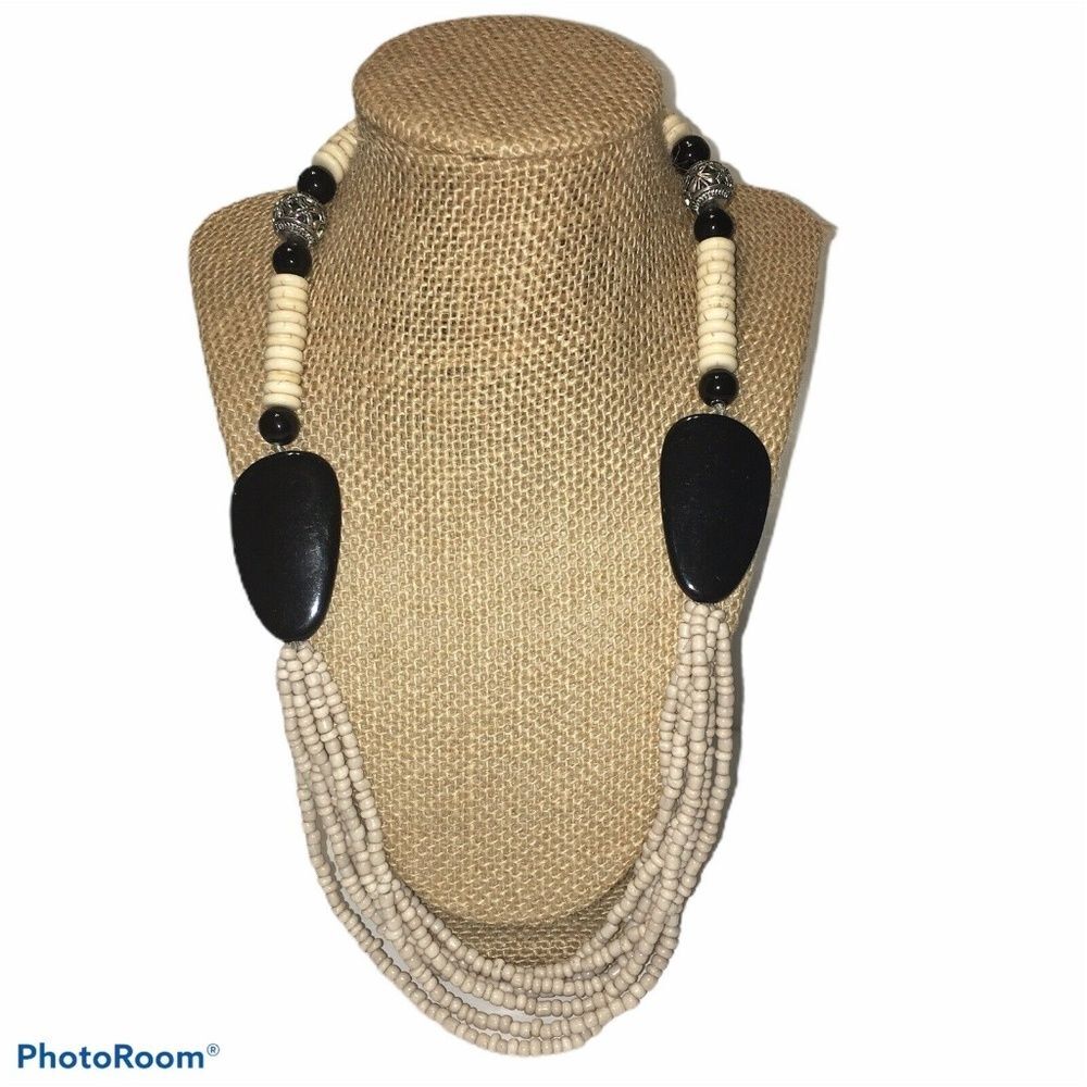 24" Multi strand statement necklace black tan boho